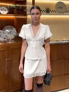Women Satin Lace Patchwork Two-Piece Set Elegant V-Neck Short Sleeve Top And Mini Skirt Waist Tie Retro Summer Outfit