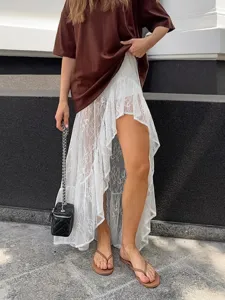 Gonna Lunga Irregolare in Pizzo Bianco Elegante da Donna Trasparente Con Volant e Spacco Alto Maglia Stile Pendolare