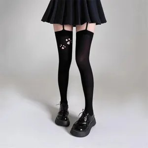 Calze sopra il ginocchio nere con stampe di zampe di gatto rosa, stile JK dolce.