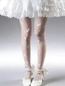 Collant bianchi Lolita dolci con delicate stampe di piume, perfetti per outfit carini.