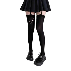 Calze alte fino alla coscia nere con stampa di zampe di gatto rosa e reggicalze per cosplay.