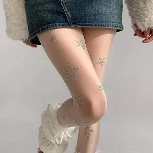 White rhinestone star pantyhose spring summer sheer tights sweet cute hot girl style stockings