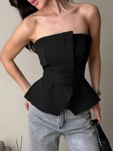 Summer women sexy strapless black tube top slim fit waist tie bustier casual streetwear