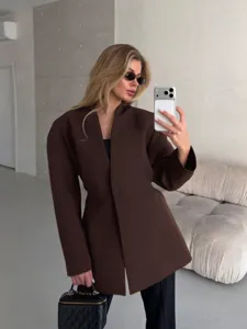 Women Brown V Neck Tailored Blazer Jacket Autumn Waist Cinching Elegant Commute Outerwear