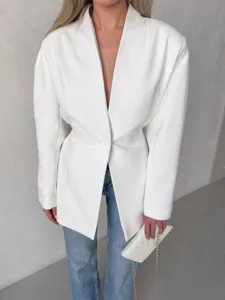 White V-neck blazer for women chic tailored waist design elegant outerwear stylish suit jacket