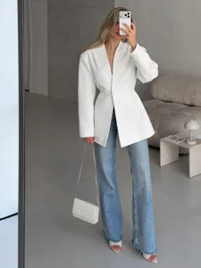 Elegant white V-neck tailored blazer for women, featuring a stylish waist-cinching design.