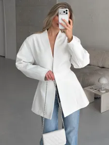 Women white tailored blazer v-neck waist-cinching long sleeve elegant suit jacket
