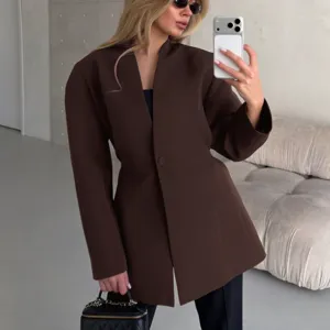 Women slim fit V-neck brown blazer jacket, featuring waist cinching design for autumn commute.