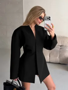 Women's V-Neck Slim Fit Blazer Jacket Polyester Spandex Commuter Waist-Hugging Long Sleeve Suit Jacket Solid Color Office Work Wear