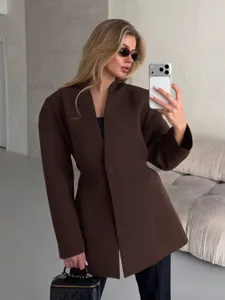 Women brown v-neck tailored blazer, elegant waist-cinching long sleeve suit jacket main view.