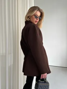 Women stylish brown blazer v-neck waist-cinching autumn commuting casual long sleeve suit jacket
