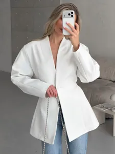 Chic European design V-neck white blazer for women, stylish waist-cinching autumn outerwear.