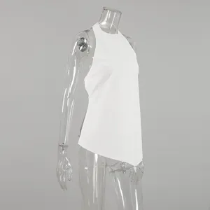 Close-up view of the white halter neck sleeveless top showing the backless design details.