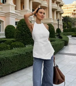 Stunning white halter backless top detail, elegant women summer sleeveless fashion apparel.