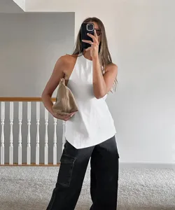 Sexy backless halter lace-up sleeveless vest top for women, chic solid color simple daily wear.