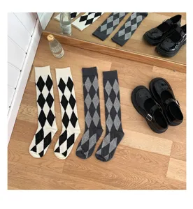 Classic argyle pattern knee high socks for women, preppy JK style fashion long tube stockings.