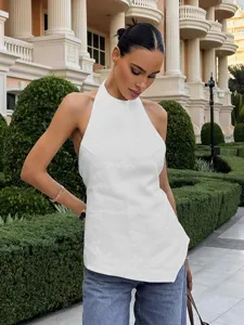 Sexy backless halter neck sleeveless crop top for women, solid white summer casual streetwear.