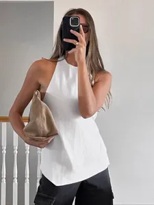 Sexy white halter neck sleeveless backless crop top casual basic summer vest for women.
