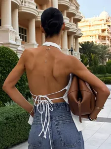 Sexy backless halter sleeveless vest top for women, casual summer solid color streetwear fashion.