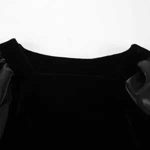 Vestido de terciopelo negro cuello cuadrado detalle manga abullonada elegante vestido