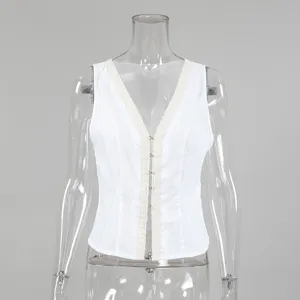 Weisse Baumwolle aermellose Spitze Trim Weste Cardigan, elegante franzoesische Sommer Top.