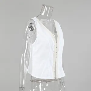 Weißes Baumwoll Top ärmellos mit Spitzenbesatz, französischer V-Ausschnitt Sommer Cardigan.