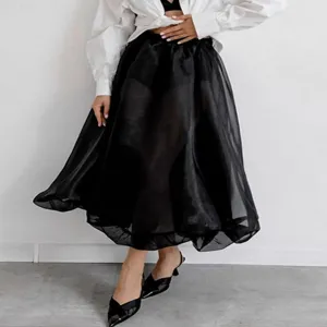 Women Sexy Sheer Mesh High Waist Maxi Skirt Spliced Tulle Puffy Skirt Elegant Solid Color Streetwear A-Line Skirt