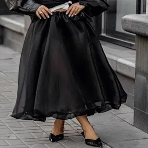 Black sheer mesh high waist midi skirt for women, elegant fashion flared fluffy party skirt.