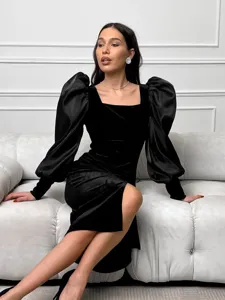 Vestido Largo Sexy Elegante para Mujer con Cuello Cuadrado y Manga Abullonada Corte Ajustado Negro Terciopelo Manga Larga Abertura Recto Bodycon Fiesta