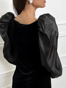 Vestido negro sexy de terciopelo con cuello cuadrado y mangas abullonadas, elegante minivestido.