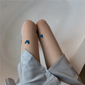 Summer sheer tights with delicate blue butterfly print, sexy and breathable wear.