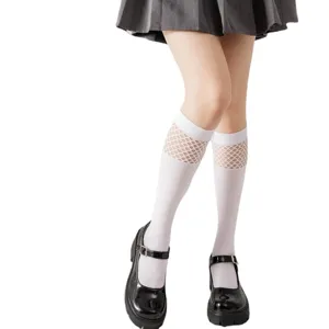 White women calf socks with mesh splice, breathable thin spring summer JK style hosiery.
