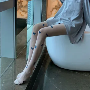 Women summer sheer pantyhose with cute blue butterfly print stylish translucent tights.