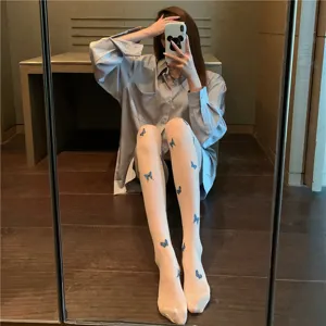 Summer thin sheer tights featuring delicate blue butterfly prints for women, stylish and sexy detail.