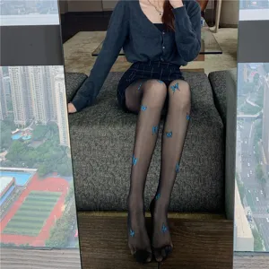 Women sexy sheer black tights with blue butterfly print summer thin jacquard pantyhose
