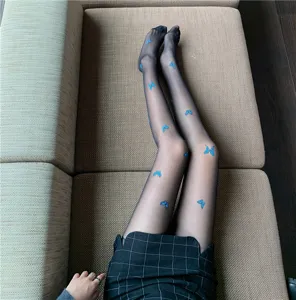 Sheer black tights with blue butterfly print, sexy thin pantyhose for summer daily wear.