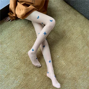 Sheer stockings for women featuring delicate blue butterfly print, thin breathable fabric for summer.