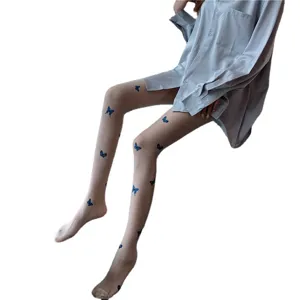 Sheer sheer pantyhose for women featuring cute blue butterfly prints, lightweight summer tights.