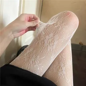 Weiße spitze hohle strumpfhose vintage blumen netzstrümpfe elastische dünne jk strumpfwaren