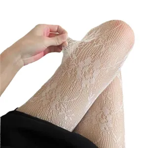 Weisse spitze hohl strumpfhose vintage blumen netz strumpf elastische beine bekleidung