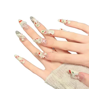 Handmade long press-on nails with cute cherry and rabbit 3D charms, sweet style false nails.
