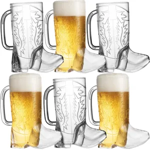 Detail view of creative cowboy boot shaped beer mug with embossed relief texture for party.