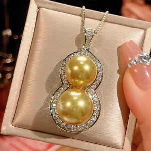 Light Luxury Copper Rhinestone Gourd Pendant Necklace Elegant Artificial Pearl Inlaid Box Chain Necklace Jewelry For Women Everyday