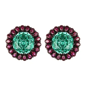 Exquisite green gemstone earrings with pink pear stones, black gold tone luxury detail design.
