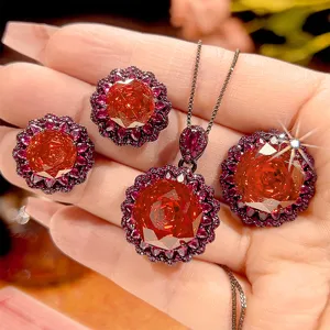 Luxus Schwarz Gold Orange Zirkonia Blume Schmuck Kupfer Vergoldet Kamelie Anhänger Halskette Ring Ohrstecker Für Damen