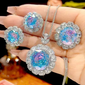 Luxus Kupfer Zirkonia Schmuckset Für Damen Blumen Anhänger Halskette Ring Ohrstecker Verlauf Farbe Bankett Finger Schmuck
