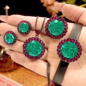 Vintage Black Gold Plated Copper Simulated Paraiba Green Rhinestone Jewelry Set Women Luxury Flower Necklace Ring Earrings Wrist Jewelry