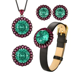 Luxury green gemstone jewelry set featuring necklace, earrings, ring, and elegant watch.