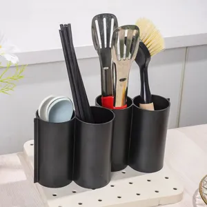 Multi-Functional Plastic Desk Pen Holder And Kitchen Tableware Draining Storage Rack Four-Grid Round Organizer Box