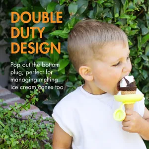 Child using ice cream cone holder with anti drip silicone tray and bottom plug detail.